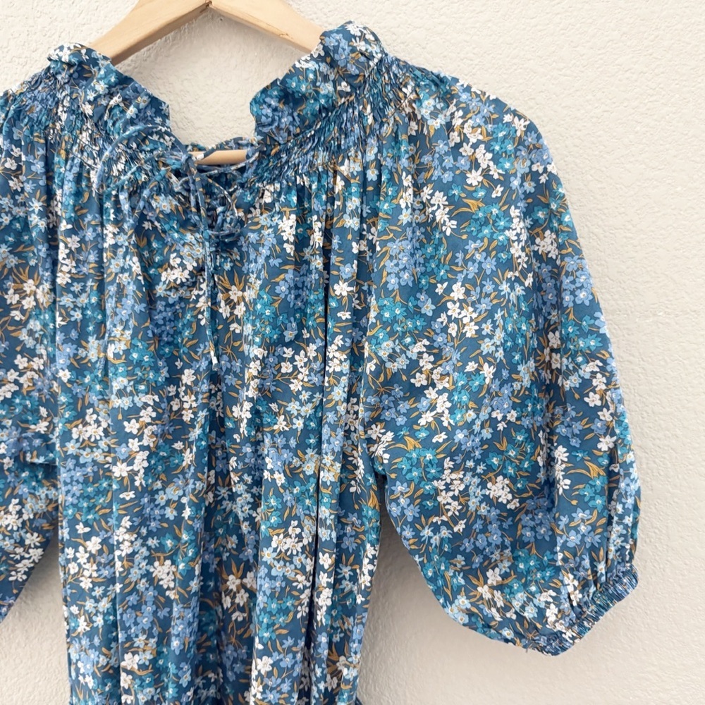 J. Crew Smocked Puff Sleeve Midi Dress XS Liberty Fabric Blue Floral Cottagecore - Picture 10 of 16